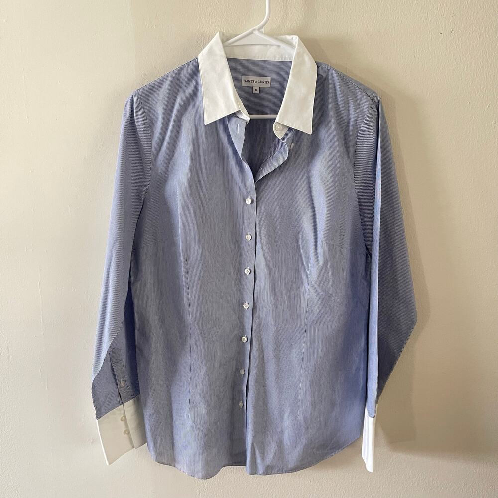 Hawes & Curtis Contrast Collar Cuff White Blue Stripe Fitted Shirt Womens UK 16